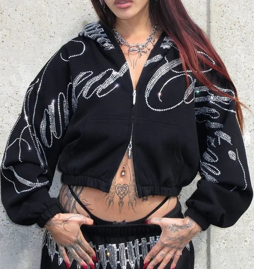 Ensemble GETADME sweat-shirt à capuche manches longues, style rétro hip-hop, coupe droite, imprimé diamant, pour fille sexy