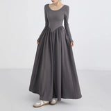 GETADME Korean Slim Waist Long Dresses for Women French Style Patchwork Long Sleeve Dress Woman Elegant Simple O-Neck A-Line Midi Dress