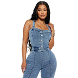 GETADME Women Jeans Rompers Sexy Overalls Jumpsuits Square Collar One Piece Solid Flare Pants Ankle Length Baics Spliced Button