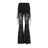 GETADME Gothic Dark Flocking Pants Women Streetwear Aesthetic Emo Alt Grunge See Through Lace-up High Waist Flare Pants Female
