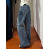 GETADME New American Vintage Edgy Low Waist Washed Jeans Women Lightning Crack Flared Wide Leg Floor Length Versatile Denim Pants