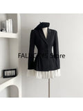 Getadme Women Formal Blazer Lapel Collar Autumn Winter Office Lady Korean Patchwork Contrast Color Outerwear Single Breasted Suit Jacket