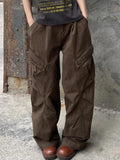 GETADME American Retro Casual Harajuku Jeans Women Mutil Pockets Vintage Aesthetic Denim Pants Y2K Wide Leg Punk Baggy Brown Trousers