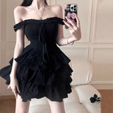 GETADME Women Spicy Girl Off Shoulder Party Black Suspender Fluffy Fringed Mini Dress
