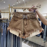 GETADME Retro Brown Shorts with A Cut Waistband High Waist Personalized Fashion Wide Leg Hot Pants Shorts Women