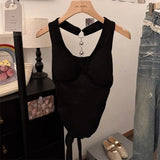 GETADME Summer Women Tank Top Slim Fit Halter Neck Sleeveless Crop Top Backless Bow Tie Design Sexy Streetwear Y2K Style Gray Camisole