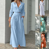 GETADME Elegant Fashion Women's Trousers Suits High Waist Wide Leg Pockets Pants V Neck Long Sleeve T-Shirts Solid Two Piece Sets