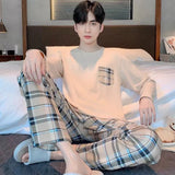 GETADME 플러스 사이즈 남성 파자마 세트 봄/여름 플레드 단색 학생용 잠옷 홈웨어 상의 및 바지 나이트웨어 라운지웨어