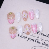 GETADME 10Pcs Starfish Water Ripples Design Press on False Nails Short Oval Wearing Manicure 3D Flowers Artificial Fashion Acrylic Nails