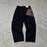 GETADME Leopard print hem jeans 2000s American casual jeans high waist straight wide leg jeans Harajuku retro women's clothing