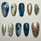 GETADME 24Pcs Black Y2k Long False Nails with Almond Head Design Cat's Eye Silver Stripe Pattern Press on Fake Nails Wearable Nail Tips