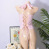 GETADME Chic Pink Pleated Sleeveless Tops Fashion Lace Up Off Shoulder Slim Fit Halter Vest New Women's Summer Vacation Party Top 2025