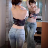 GETADME 미국 스타일 빈티지 워싱 디스트레스드 진 로우 웨이스트 슬리밍 다용도 부츠컷 팬츠 여성용 봄 가을 신상품