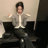 Getadme-Gray Hairy Patchwork Cardigan Women Korean Chic Slim Fit Pockets Short Jacket Ladies Autumn Winter Wild Long Sleeve Coat
