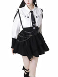 GETADME 에스테틱 Y2K 디자인 3피스 세트 여성복 고딕 버튼 디자인 탑 + 블랙 하이웨이스트 레트로 스커트 시크 벨트 프레피 세트