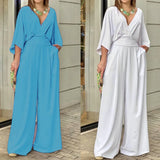 GETADME Elegant Deep V Neck Fashion Women Jumpsuit Bat Sleeves High Waist Wide-leg Loose Commuting Party Club Romper 2025