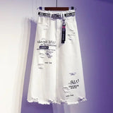 GETADME 2025 New Women Skirt White Denim Long Skirts Letter Print Korean Style Fashion Hole Oversize Plus Size Female Skirts
