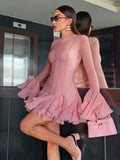 GETADME Elegant Women Round Neck Single Breasted Flare Long Sleeve Mini Dress Sweet Solid Bubble Skirt 2025 Lady Chic High Street Robes