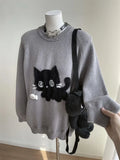 GETADME Gray Cute Cat O-neck Knit Elegant Pullover Woman 2025 Winter Design Harajuku Tops Feamale Y2k Long Sleeve Retro Sweaters Mujer