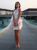 GETADME Print Short Dress For Women Sleeveless Cascading ruffle Draped Backless Robes 2025 Summer Elegant Female Party Dresses