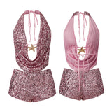 GETADME Women 2 Piece Sequin Short Outfits Sleeveless Halter Open Back Tie Tops Mini Shorts Sets Summer Sexy Club Streetwear New