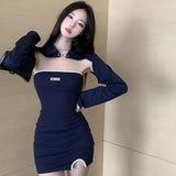 Getadme-2pcs 세트 가을 미니 캐미솔 드레스 여성 스위트 쿨 스파이스 걸 레터 스트랩리스 숏 카와이 탑 패션 한국어