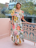 GETADME 2025 Summer Fashion New Women's Elegant Bohemian Dress with Printed Temperament One Collar Lantern Sleeve Long Dress
