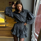 GETADME Plaid 2 Pieces Suits Women 2025 Spring Lapel Lantern Sleeves Single Breasted Shirt A-line Pleated Mini Skirt Female Vintage Sets