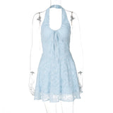 GETADME Hotsweet Summer Ladies Halter Neck Backless Chic Jacquard Double Layer A-line Party Dress Sleeveless Birthay Rural Style Outfits