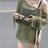 GETADME Y2K Hollow Out Crop Top Knitted Retro Long Sleeve T Shirt Women Summer Sun Protection Breathable Cardigans Patched Tee