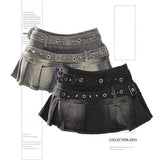 GETADME Women's Blue Black Riveted Belt Denim Skirt Y2K Harajuku High Street Fashion 90s Sexy A-line Mini Skirt Summer Clothing 2025 New