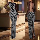 GETADME Elegant Mesh Patchwork Luxury Zip Up Full-Sleeve Evening Party Banquet Prom Long Dress High Waist Slim Elastic Maxi Vestido