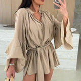 GETADME 봄 여름 러플 루즈 미니 드레스 캐주얼 플레어 슬리브 홀리데이 드레스 섹시 딥 V 레이스업 솔리드 컬러 여성 드레스 베스티드