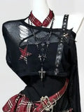 GETADME Gothic Punk Two Piece Set for Women 2026 Summer Distressed Mesh Crop Tops Plaid Asymmetrical Lace Skirt Chain Y2K Streetwear