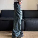 GETADME Korean Version Retro Letter Printed Jeans For Men Loose Straight Leg Wide Leg Pants High Street Hip-Hop Design Casual Pants