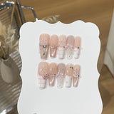 GETADME 10Pcs Sweet Mid-length Ballet False Nails Art Fashion Pink Cat Eye Lovely Bow Wearable Finished Nails Set Summer Acrylic Nails