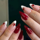 Getadme French Fake Nails Red Five-pointed Star False Nails Full Cover Press on Nail Tips y2k Nail Art Almond Artificial Nail Patches