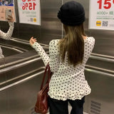 GETADME 새로운 러플 트림 긴팔 티셔츠 물방울 무늬 얇은 내부 탑 스위트 베로 모다