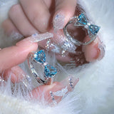 New Blue Crystal Rings Romantic Pink Heart Bowknot Shiny Ring for Women Y2K Accessories Fashion Trendy Sweet Girls Party Gifts