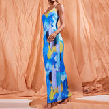 GETADME Color Printed Spaghetti Strap Maxi Dresses For Women Sexy V-neck Slim Backless Folds Dress Fashion Evening Party Elegant Vestido
