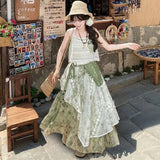 GETADME New Fashion Irregular Midi Skirt Women Vintage Tie Dye Printed a-Line Elegant Lace Patchwork Summer Skirts Y2k Mori Girl