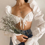 Nouveau T-shirt streetwear décontracté à manches bouffantes pour femme, couleur unie, col carré à lacets, manches longues, crop top sexy