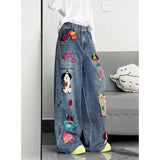 GETADME Retro American Cartoon Floing Embroidery Jeans Men Women Cleanfit Waed Loose Wide Leg Pants Couples Casual Loose Fit