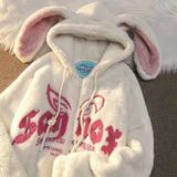 Sweat à capuche en coton pour femme, avec oreilles de lapin mignonnes et amusantes, en velours d'agneau. Vêtements tendance, coupe ample, fermeture éclair, manteau chaud, streetwear.