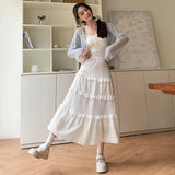 Sweet Cute White Cake Skirt for Women Korean Style Spring Summer 2024 Elastic High Waist A-Line Girls Lace Embroidery Long Skirt
