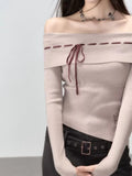 Vintage Elegant Sexy Knitted Pullovers Korean Style Fashion Causal Streetwear One-shoulder Design Slim Sweater Chic 2024