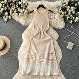 GETADME Fashion Patchwork Knitted Long Sundress Women Sleeveless Mesh Elastic Bodycon Dress 2025 Streetwear A Line Midi Dress