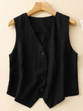 GETADME Women's Summer Black Beige Linen Vest V-neck Button Sleeveless Cardigan Tops Elegant Short Jacket Waistcoat