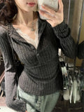 GETADME Women's Top Lace Patchwork Long Sleeve T-Shirt Base Shirt Fashion Vintage Fake Two-piece V-neck T-shirt Aesthetic Clothes