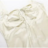 GETADME 여성용 실크 새틴 우아하고 섹시하며 슬림하고 아름다운 백리스 숏 드레스 여름용 민소매 스퀘어넥 러플 티어드 미니 드레스